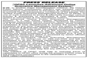 Press Release on Online Grievance Management System   at OPSC - Sambad 25 June 20